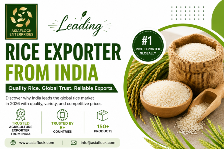 Professional blog banner for Asia Flock Enterprises showcasing a leading rice exporter from India with premium Indian rice, rice grains, export-quality packaging, global rice trade highlights, and trusted agriculture exporter from India branding on a clean white background.