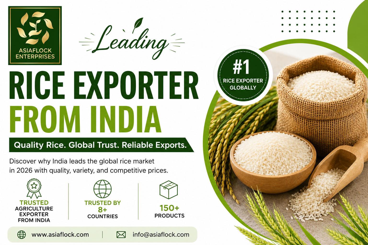Professional blog banner for Asia Flock Enterprises showcasing a leading rice exporter from India with premium Indian rice, rice grains, export-quality packaging, global rice trade highlights, and trusted agriculture exporter from India branding on a clean white background.