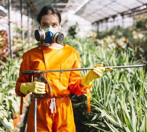 portrait-female-gardener-holding-sprayer-greenhouse